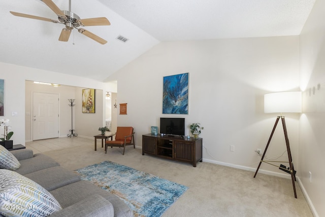 living room with visible vents, baseboards, light colored carpet, and a ceiling fan