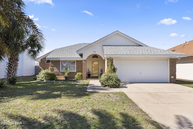 single story home with a front yard, roof with shingles, an attached garage, concrete driveway, and brick siding