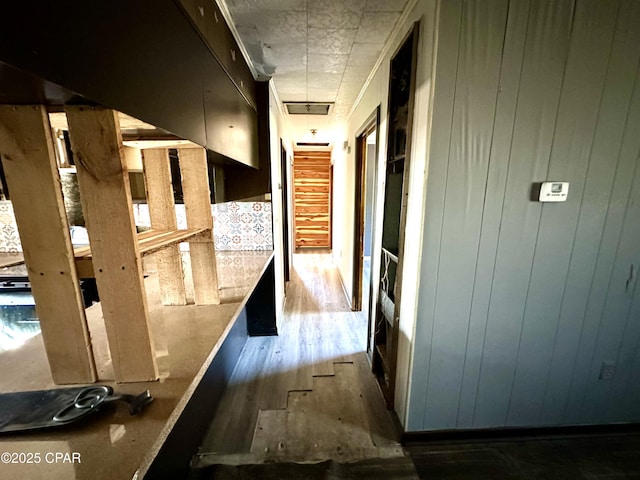 hallway with wooden walls and dark hardwood / wood-style flooring