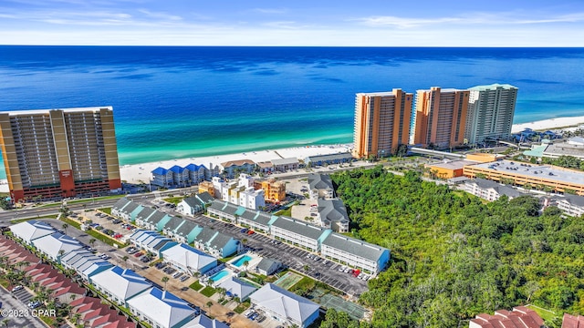 drone / aerial view with a water view and a view of the beach