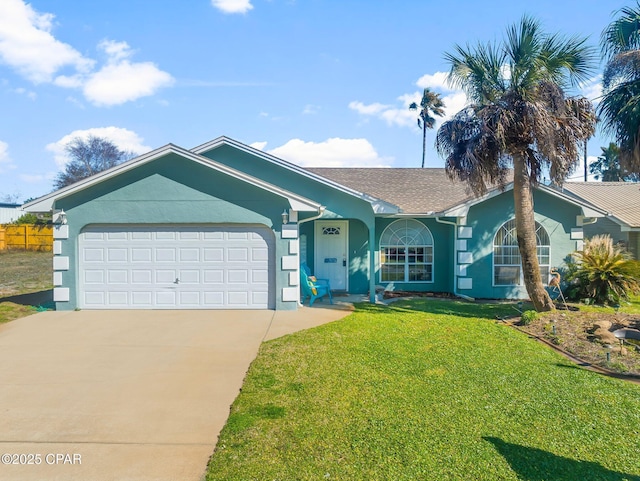 ranch-style house with a garage, concrete driveway, a front lawn, and stucco siding