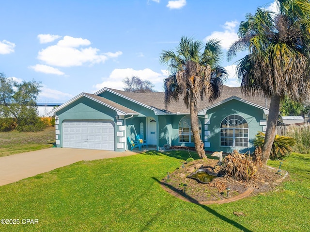 single story home with driveway, a front lawn, an attached garage, and stucco siding