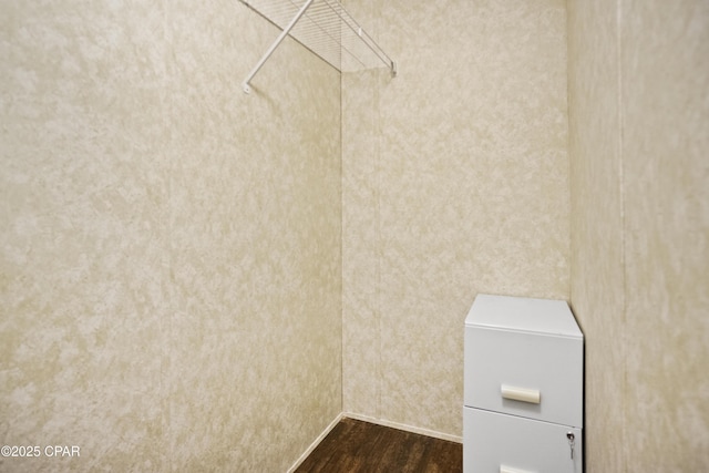 walk in closet with dark wood-type flooring