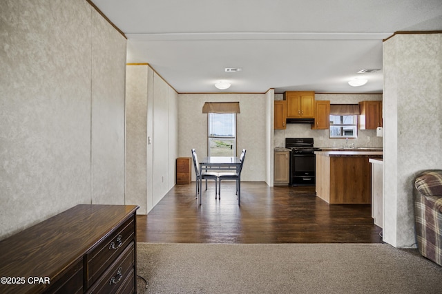 kitchen with black range with gas stovetop, dark countertops, a healthy amount of sunlight, and under cabinet range hood