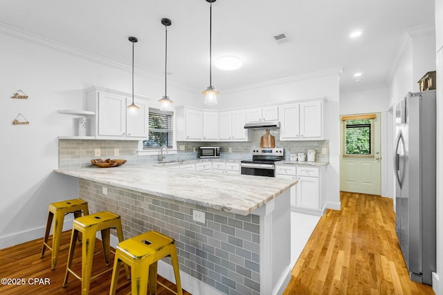 kitchen with open shelves, appliances with stainless steel finishes, white cabinetry, a sink, and a peninsula