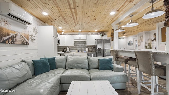 living area featuring wooden ceiling, wooden walls, recessed lighting, a wall mounted AC, and dark wood-style floors