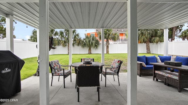 view of patio / terrace featuring an outdoor hangout area and a fenced backyard