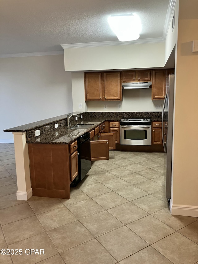 kitchen with ornamental molding, under cabinet range hood, a sink, and stainless steel appliances