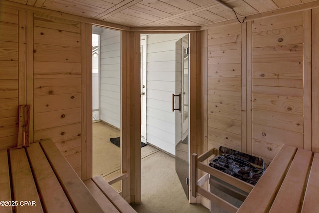 view of sauna with carpet