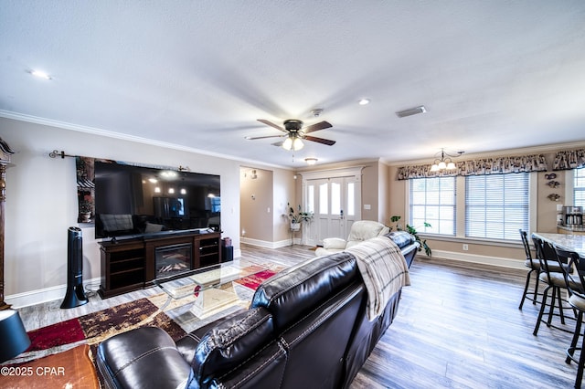 living room with crown molding, wood-type flooring, ceiling fan with notable chandelier, and a textured ceiling