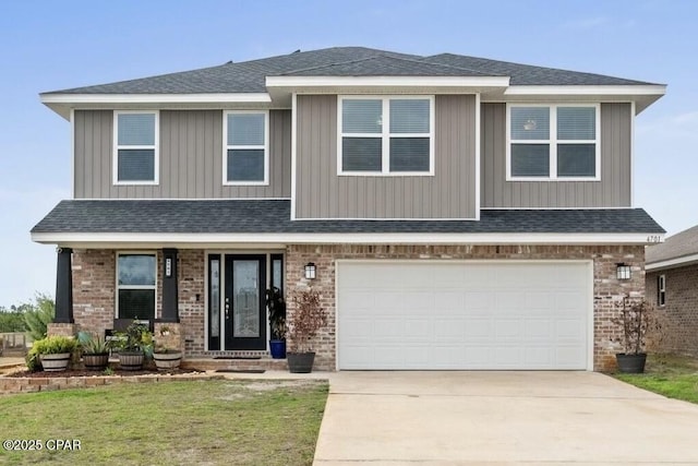 view of front facade with driveway, roof with shingles, a garage, and brick siding