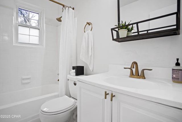 full bathroom featuring vanity, shower / tub combo, and toilet