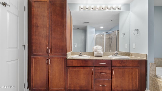 bathroom with vanity and plus walk in shower