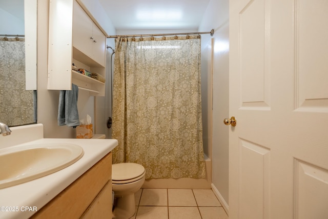 full bath featuring tile patterned floors, vanity, toilet, and shower / tub combo with curtain