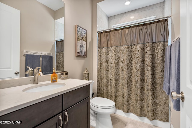 full bathroom featuring toilet, tile patterned floors, shower / tub combo with curtain, and vanity