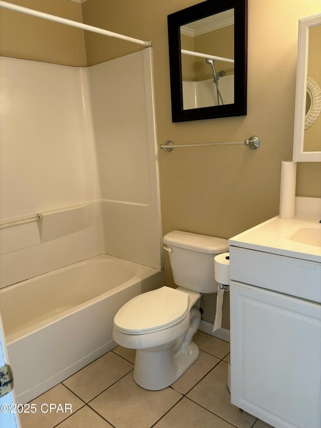 full bathroom featuring toilet, shower / bathtub combination, vanity, and tile patterned floors