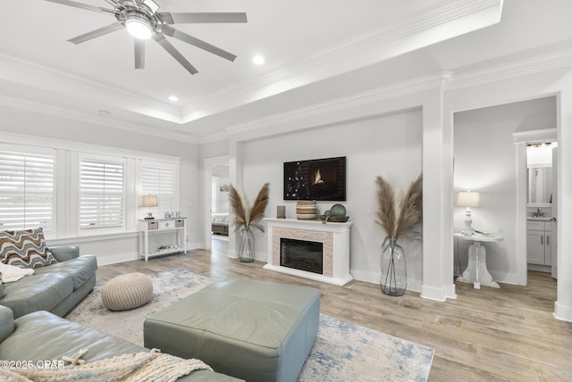 living room with a raised ceiling, ornamental molding, ceiling fan, and light hardwood / wood-style flooring