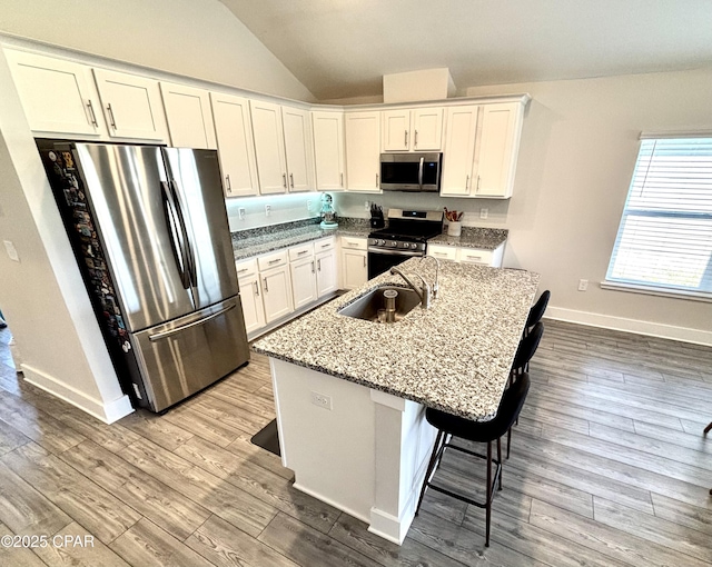 kitchen with lofted ceiling, stainless steel appliances, a sink, and wood finished floors