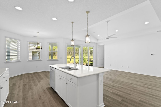 kitchen featuring stainless steel dishwasher, a ceiling fan, recessed lighting, wood finished floors, and a sink