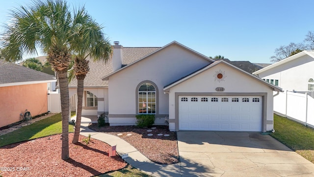 mediterranean / spanish-style house with concrete driveway, roof with shingles, an attached garage, fence, and stucco siding