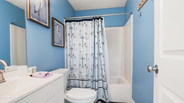 full bathroom with toilet, vanity, a textured ceiling, and shower / tub combo