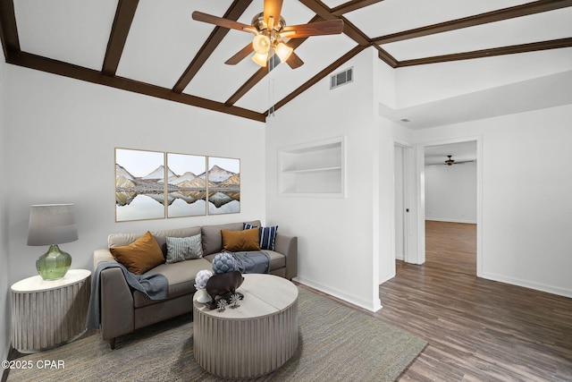 living room with dark hardwood / wood-style flooring, ceiling fan, high vaulted ceiling, and built in shelves