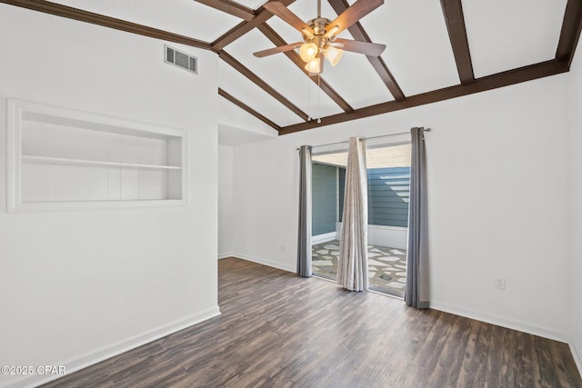 spare room featuring dark hardwood / wood-style floors, ceiling fan, high vaulted ceiling, built in features, and beam ceiling