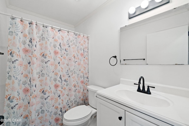 bathroom featuring ornamental molding, vanity, a shower with curtain, and toilet