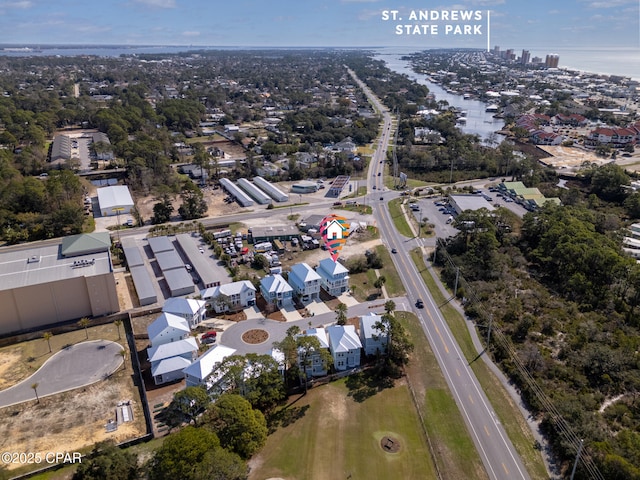 drone / aerial view featuring a water view