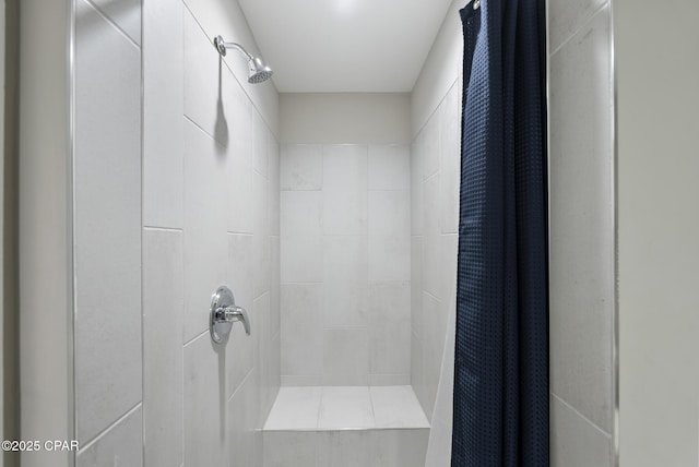 bathroom with curtained shower