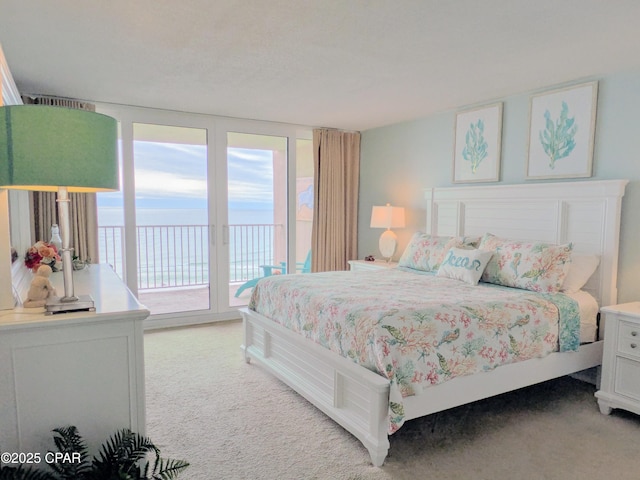 bedroom featuring light carpet and access to exterior