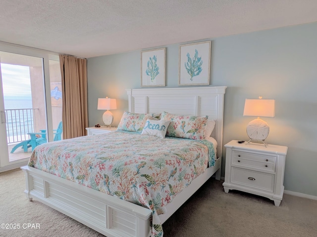 bedroom featuring access to outside, light carpet, a textured ceiling, and baseboards