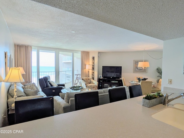 living room featuring a textured ceiling