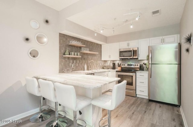 kitchen featuring visible vents, decorative backsplash, white cabinets, a peninsula, and stainless steel appliances