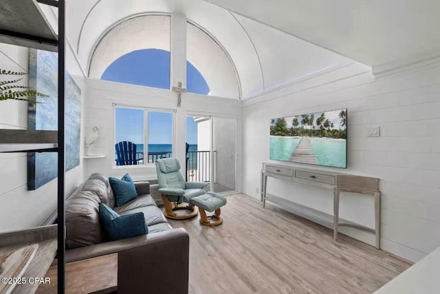 living room with lofted ceiling and light wood finished floors