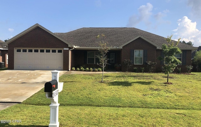 single story home with a garage, central AC, and a front yard