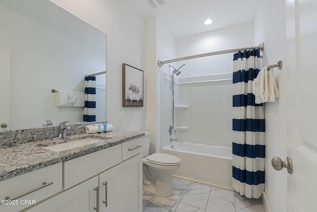 full bathroom featuring toilet, shower / bath combo, and vanity