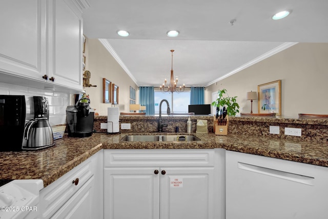 9450 S Thomas Dr Unit 802C, Panama City, FL 32408 - kitchen featuring dishwasher, ornamental molding, a chandelier, white cabinetry, and dark stone countertops