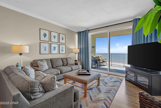 9450 S Thomas Dr Unit 802C, Panama City, FL 32408 - living room featuring a textured ceiling, wood finished floors, and crown molding
