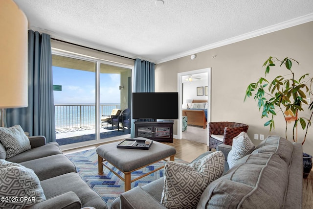 9450 S Thomas Dr Unit 802C, Panama City, FL 32408 - living room with a textured ceiling, wood finished floors, ornamental molding, and ceiling fan