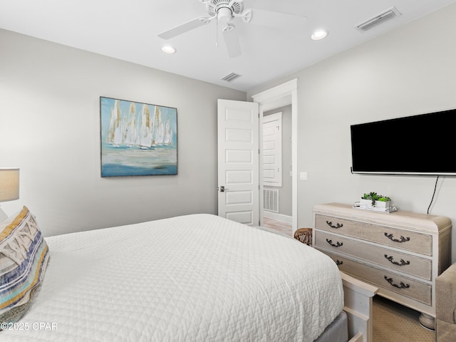 bedroom featuring baseboards, ceiling fan, recessed lighting, and visible vents