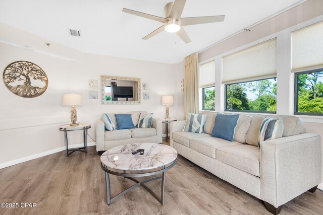 8730 Thomas Dr Unit 1211C, Panama City Beach, FL 32408 - living area featuring baseboards, visible vents, wood finished floors, and ceiling fan