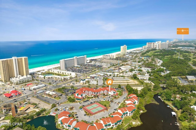 aerial view featuring a water view and a city view