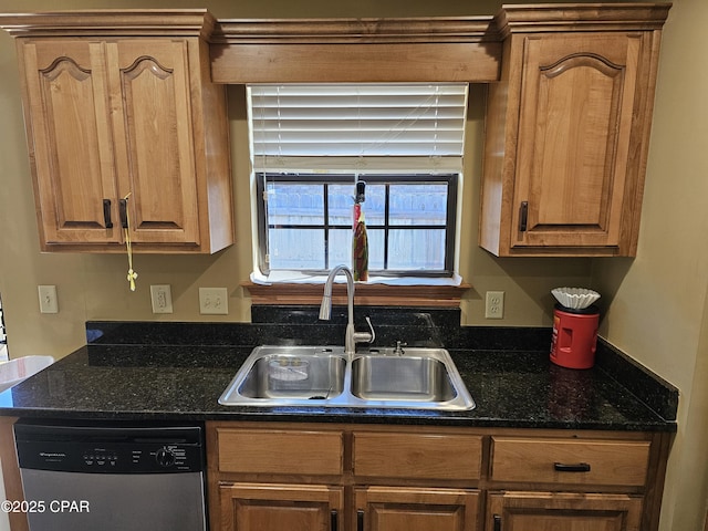 kitchen featuring dark stone countertops, sink, and stainless steel dishwasher