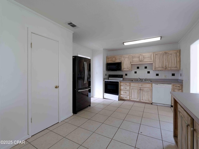 kitchen with black appliances, ornamental molding, light brown cabinets, and visible vents