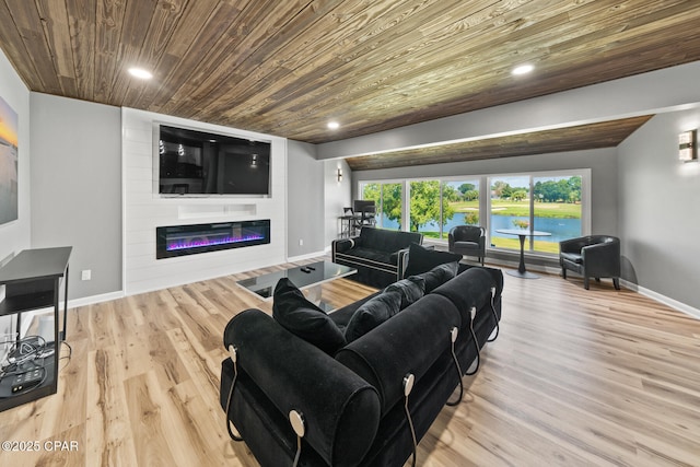 living room featuring light wood-type flooring and wood ceiling