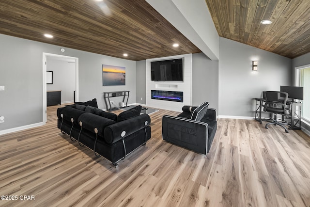 4725 Bay Point Rd Unit 258, Panama City, FL 32408 - living room featuring lofted ceiling, wood ceiling, a fireplace, and light wood-type flooring