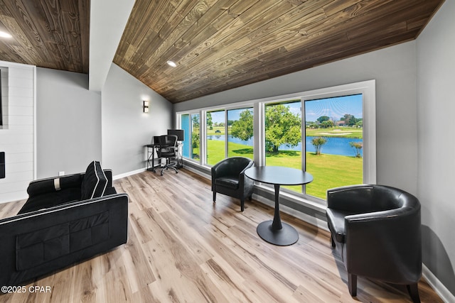 4725 Bay Point Rd Unit 258, Panama City, FL 32408 - living area with a large fireplace, lofted ceiling, light wood-type flooring, and wooden ceiling