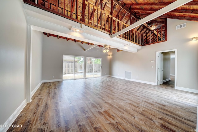 unfurnished living room with ceiling fan, visible vents, and wood finished floors