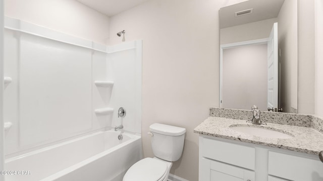 full bath with vanity, bathing tub / shower combination, toilet, and visible vents